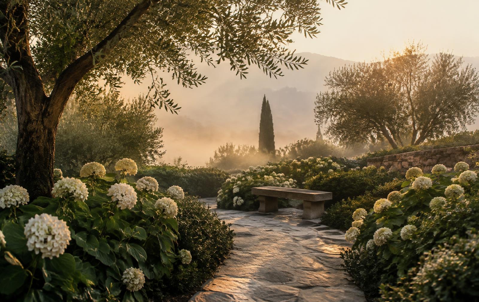Peaceful memorial garden at sunrise